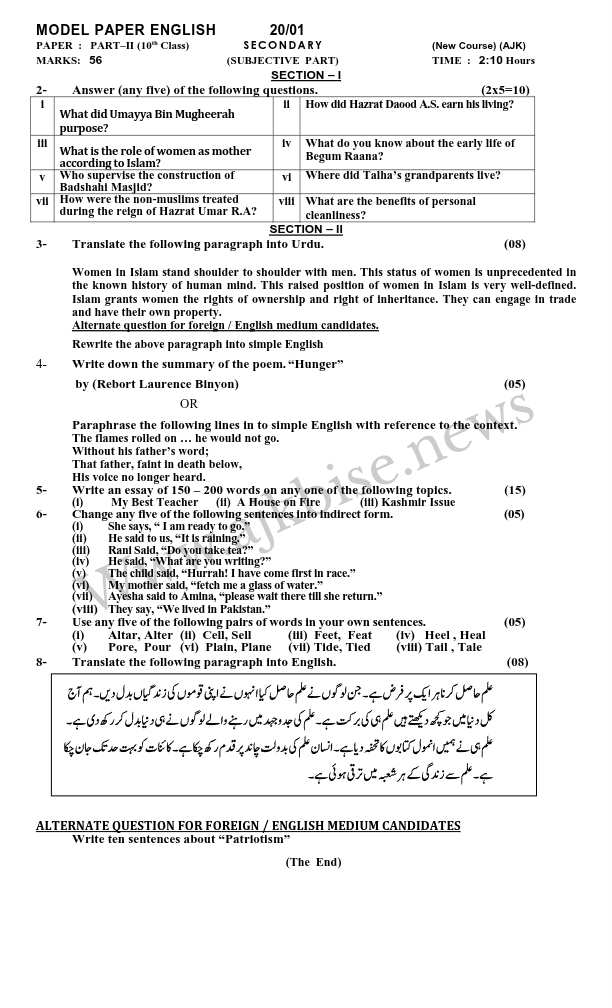This is 10th Class Englich Subjective Papers 2020