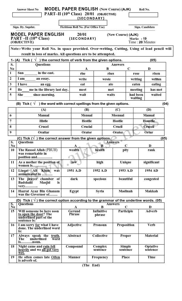 This is 10th Class English Objective Papers 2020