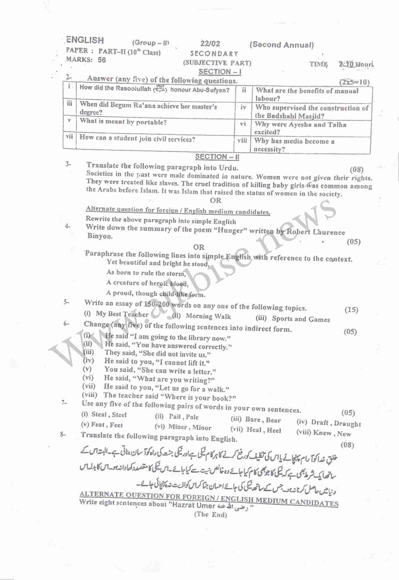 This is 10th Class Group 2 Englich Subjective Papers 2022