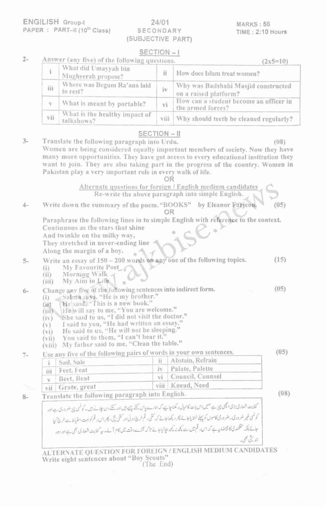 10th Class Group 1 English Subjective Model Paper 2024