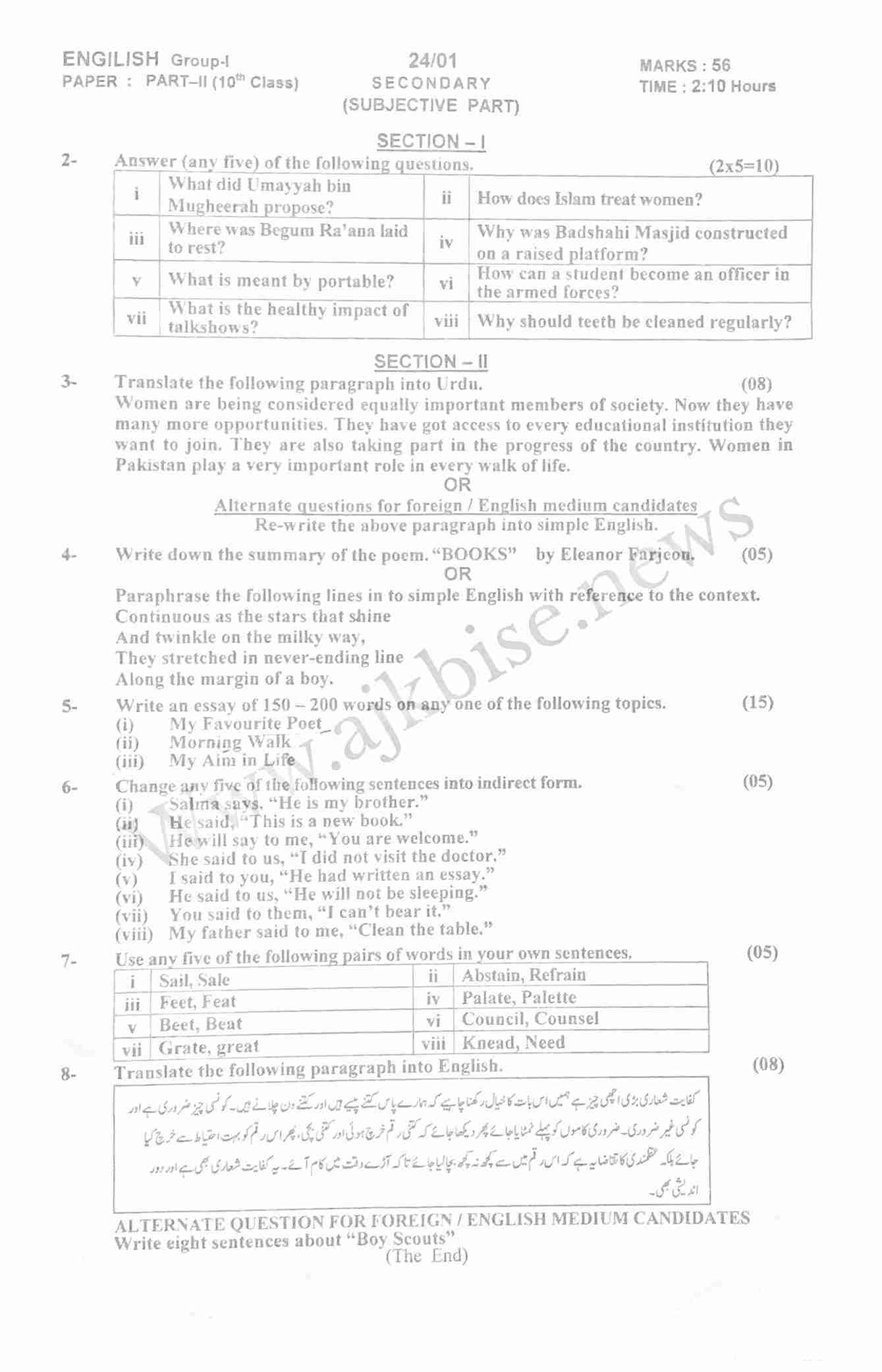 10th Class Group 1 English Subjective Model Paper 2024