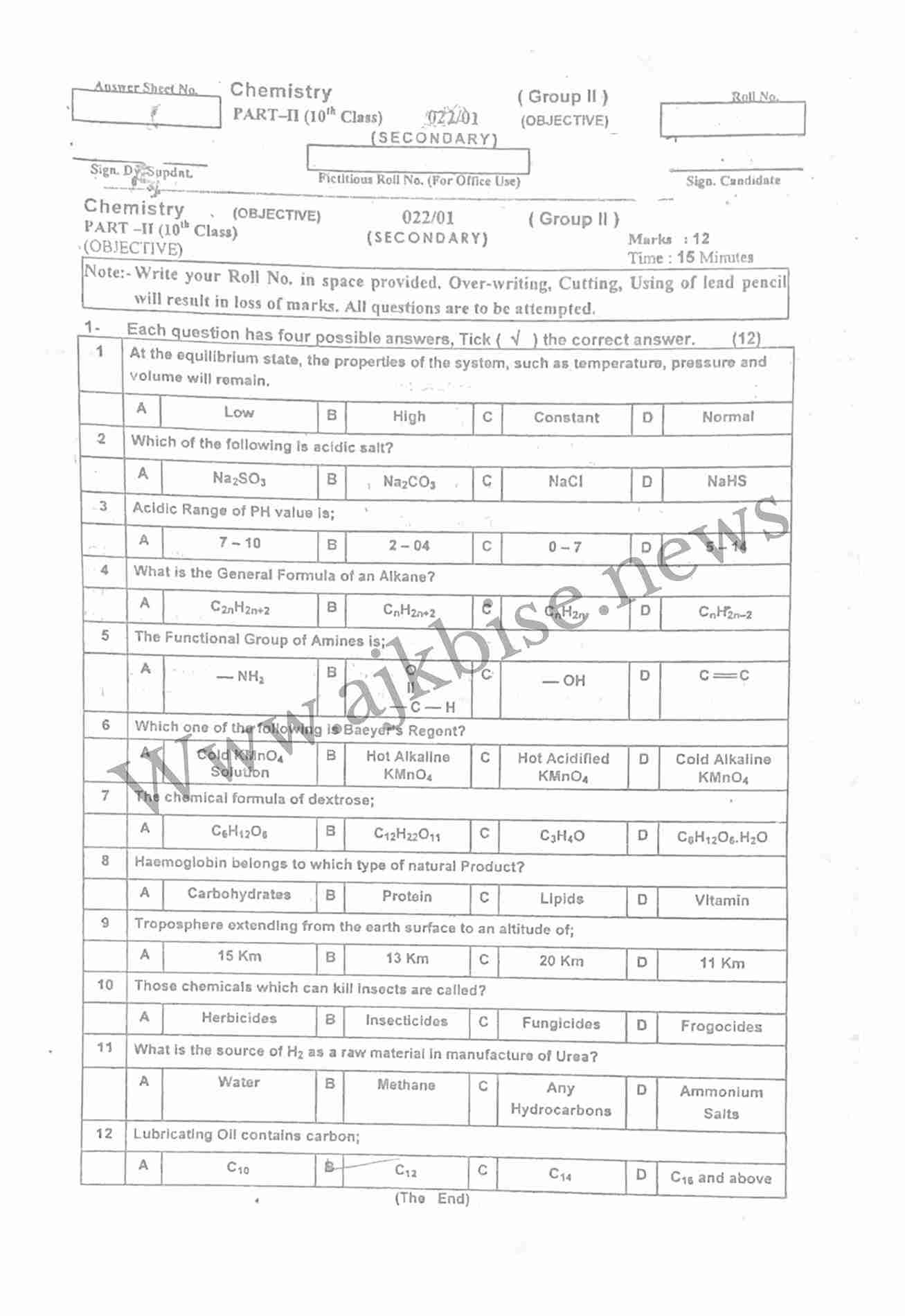 This is 10th Class Group 2 Chemistry Objective Papers 2022