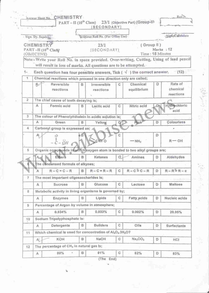 This is 10th Class Group 2 Chemistry Objective Papers 2023