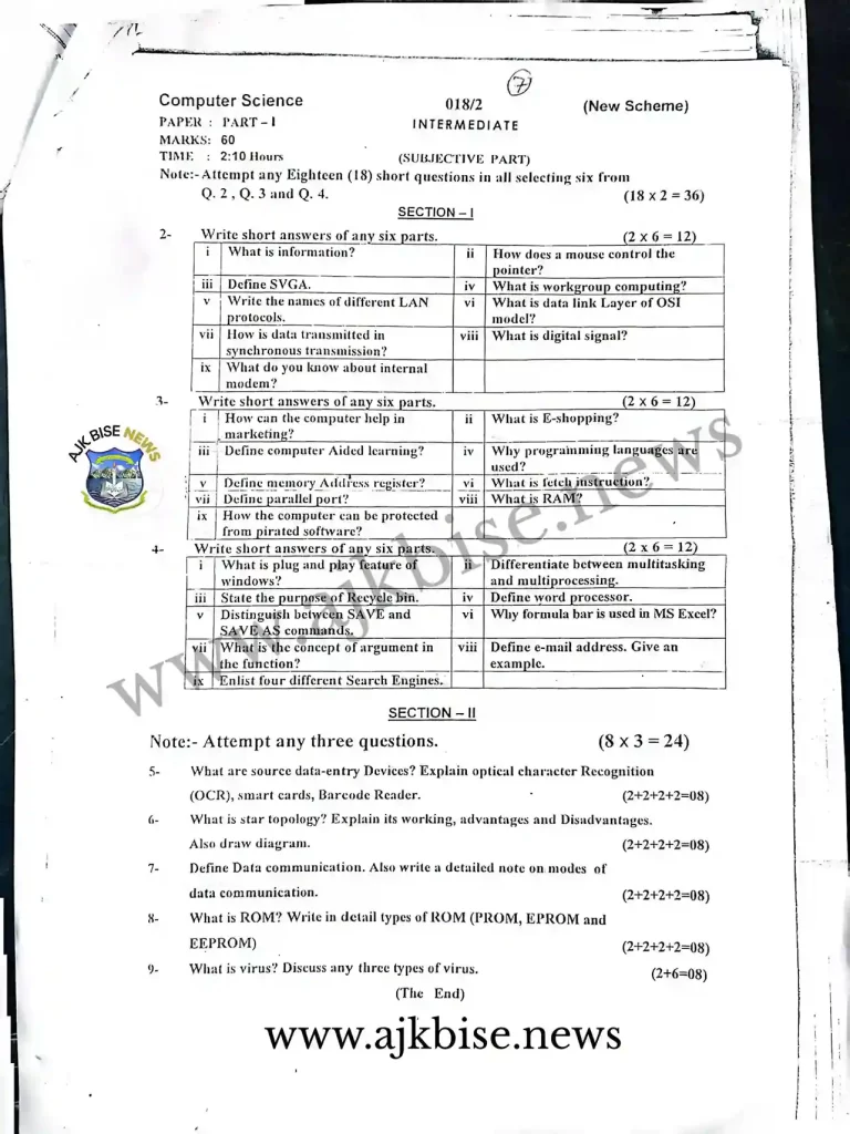 11th Computer Science Subjective papers 2018 Second Time AJK Bise Mirpur Board