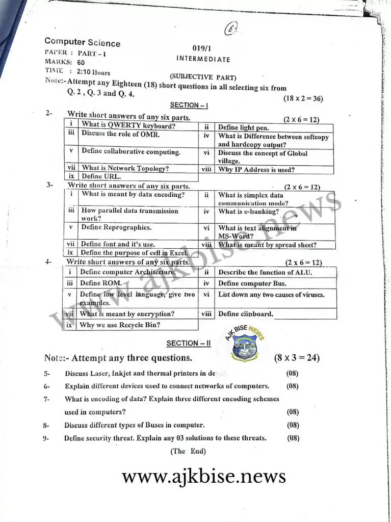 11th Computer Science Subjective papers 2019 First Time AJK Bise Mirpur Board