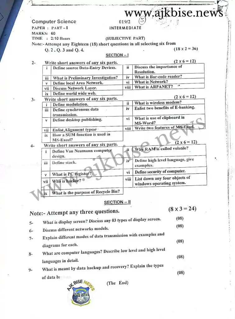 11th Computer Science Objective papers 2019 Second Time AJK Bise Mirpur Board