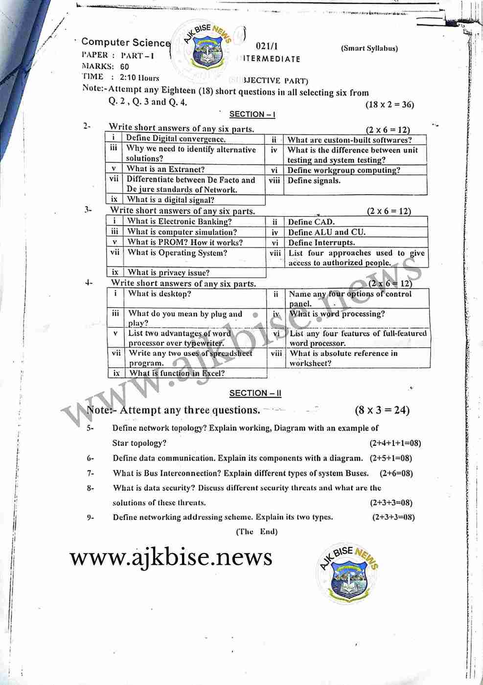 11th Computer Science Subjective papers 2021 First Time AJK Bise Mirpur Board