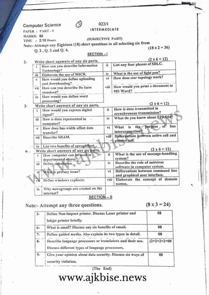 11th Computer Science Subjective papers 2022 First Time AJK Bise Mirpur Board