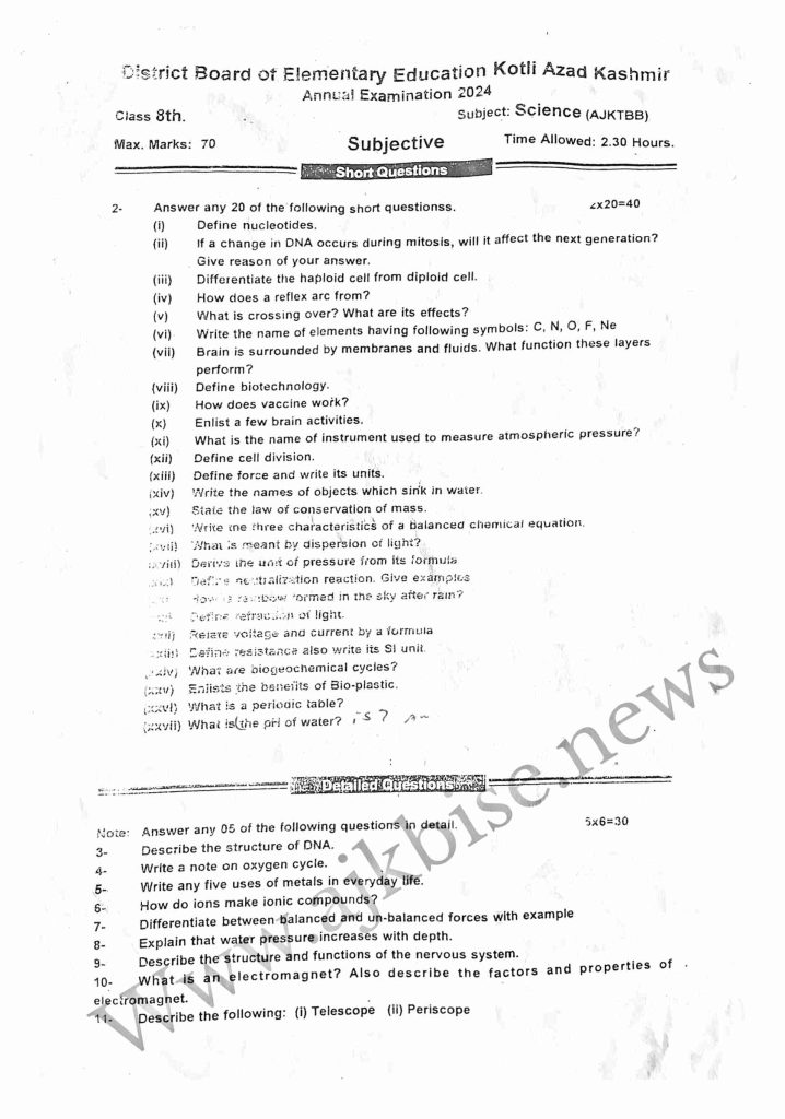 This is 8th Class Science Subjective Papers 2024