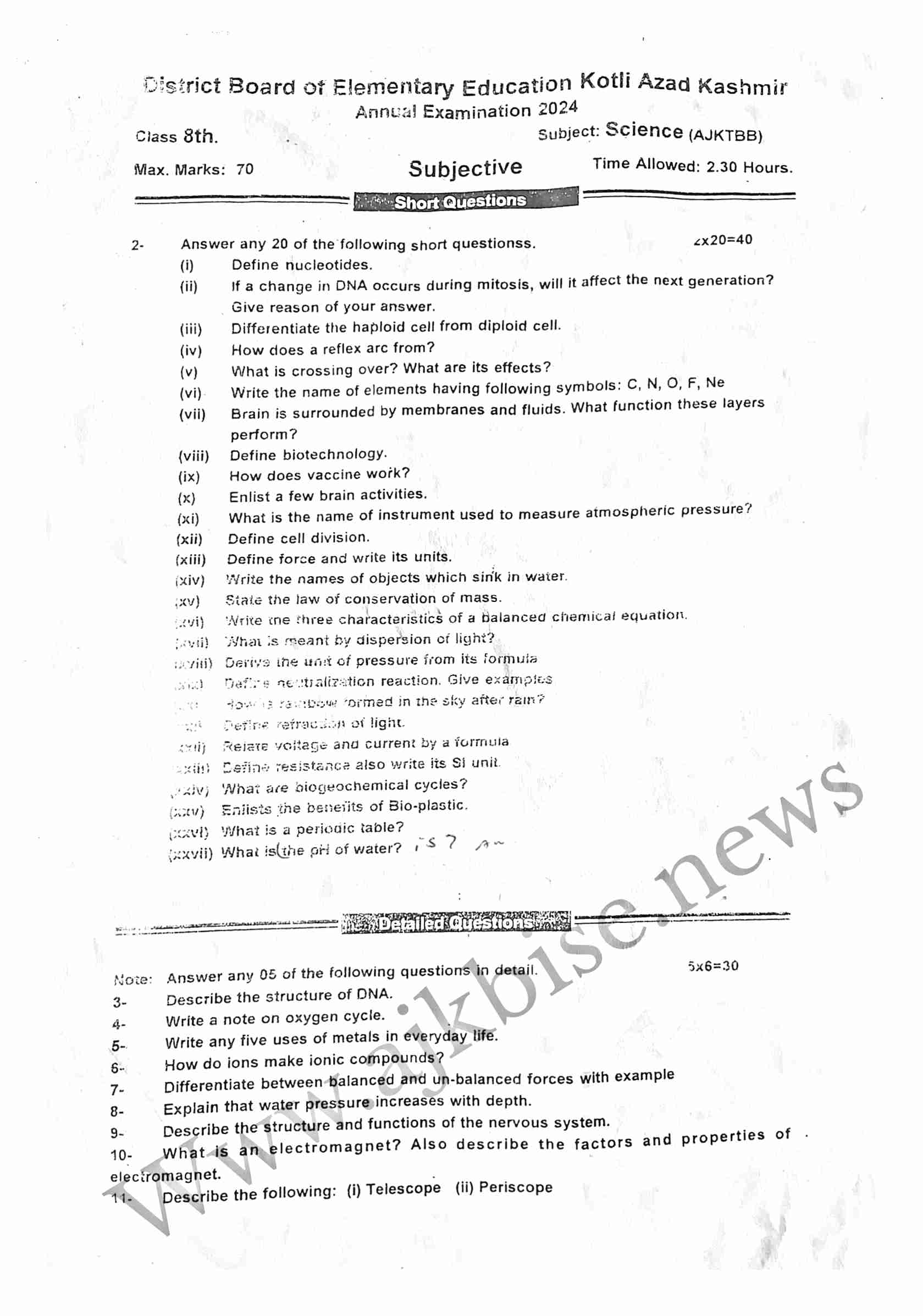 This is 8th Class Science Subjective Papers 2024