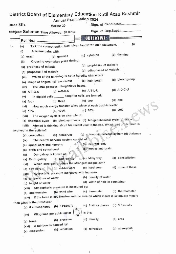 This is 8th Class Science Objective Papers 2024