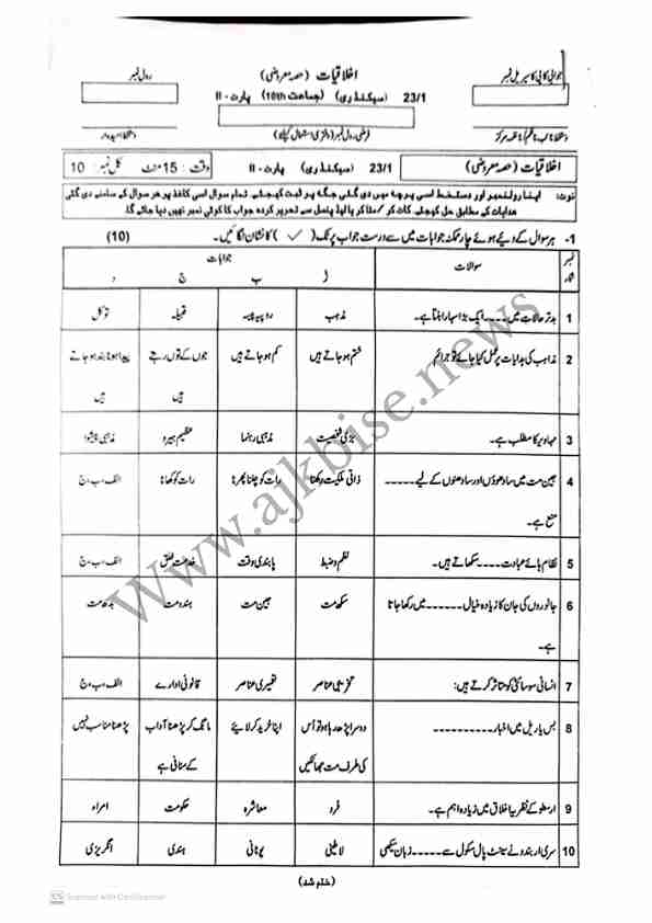 This is SSC Part-II/ 10th Class Ethics Objective Papers 2023 First Time.