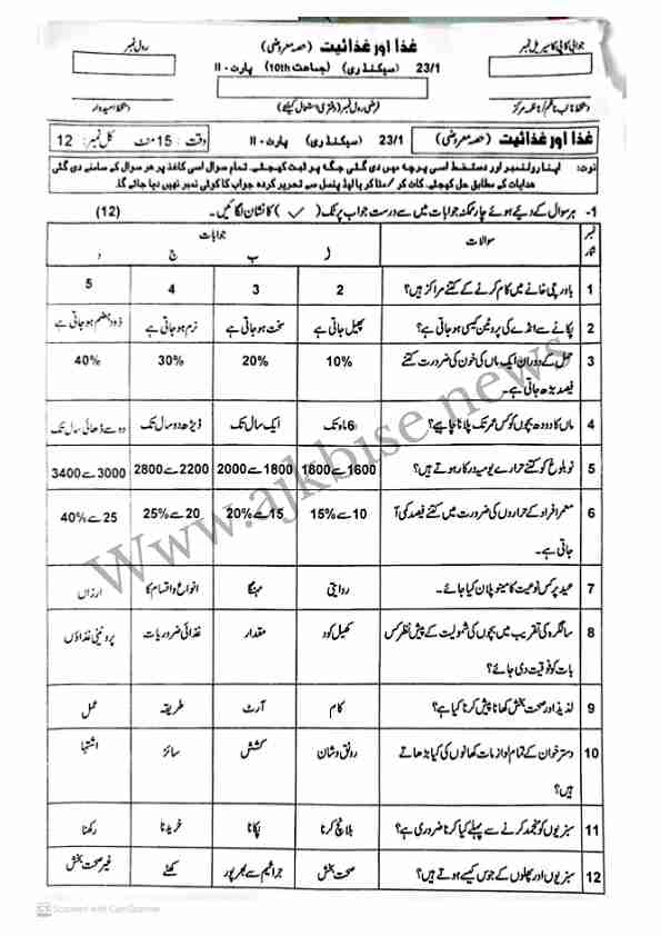 This is SSC Part-II/ 10th Class Food & Nutrition Objective Papers 2023 First Time.