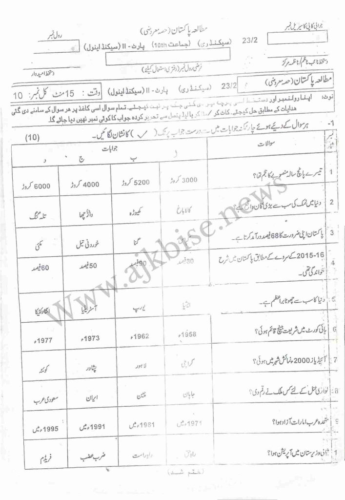 This is 10th Class Group 2 Pak Study Objective Papers 2023