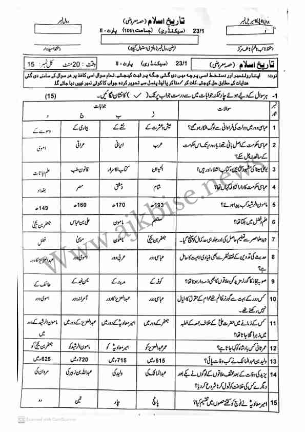 This is SSC Part-II/ 10th Class History of Islam Objective Papers 2023 First Time.